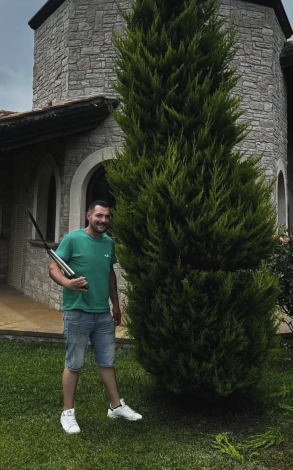Cipresso appena sagomato col tagliasiepi ad asta